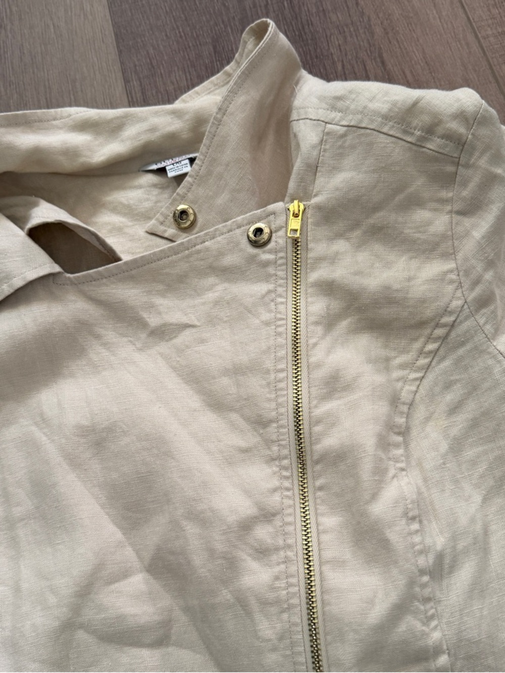 GUESS Womens 100% Linen Moto Biker Full Zip Beige Jacket Size L Gold Zip Utility - Picture 6 of 12